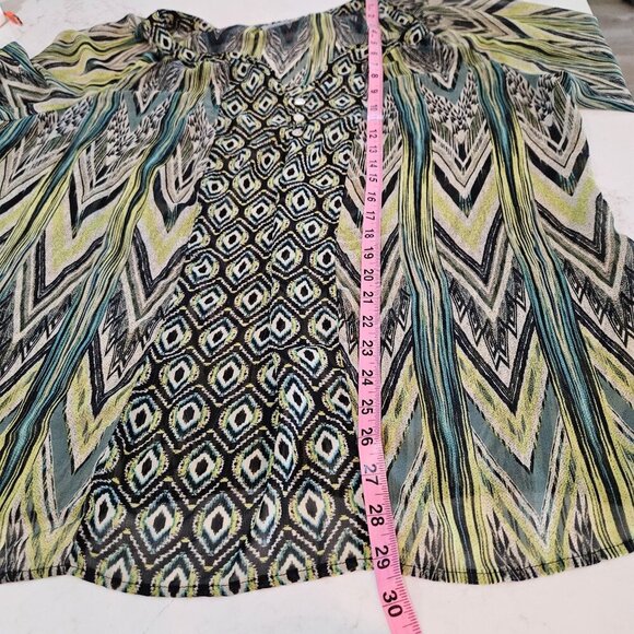 Figueroa & Flower 3X Sheer Green Boho Tunic Blouse 3/4 Sleeve Peacock Print - Picture 9 of 9